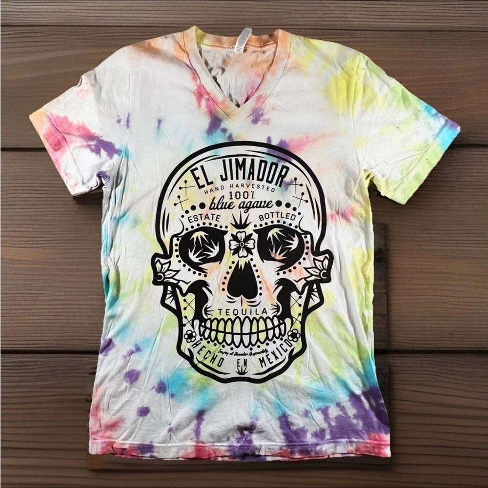 EL JIMADOR T-Shirt Adult Small Tie Dye Sugar Skull Blue Agave Tequila V-Neck NEW